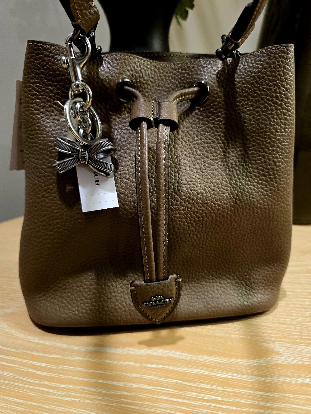 Coach Pebbled Leather Drawstring Bucket Bag - Taupe w/Coach Charm & Wallet